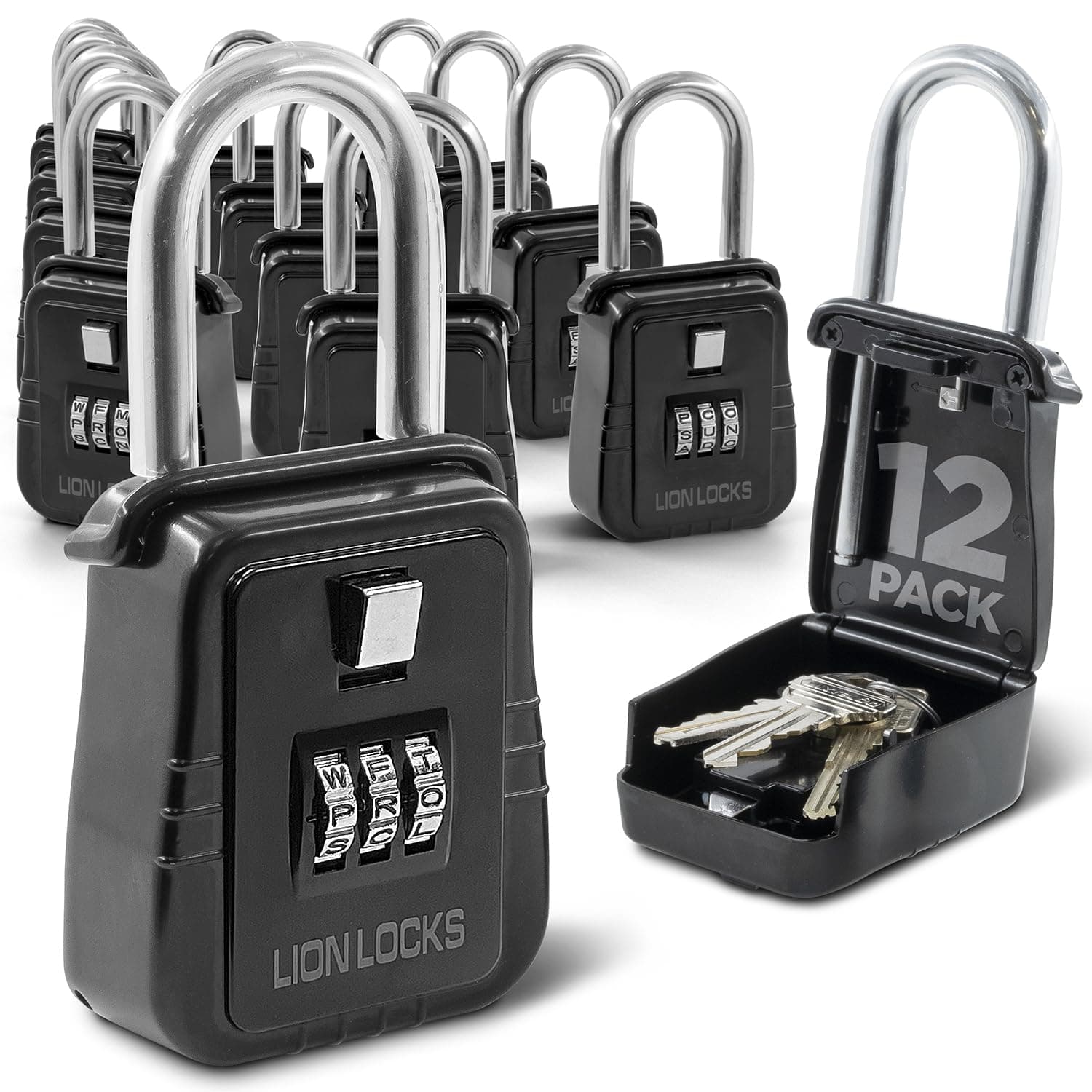 Lion Locks 12-Pack Alpha Key Lock Box with Code - Outdoor Realtor Lock Box, Property Management, Short Term Rental Key Safe, Holds 5 Keys, Black