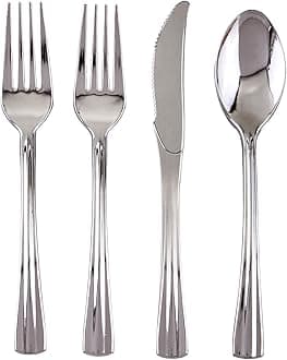 CURVE COLLECTION DISPOSABLE SILVERWARE SET | Heavy Duty Plastic Cutlery | 96 pc Set | 48 Forks, 24 Knives and 24 Spoons | for Upscale Wedding and Dining (Silver)