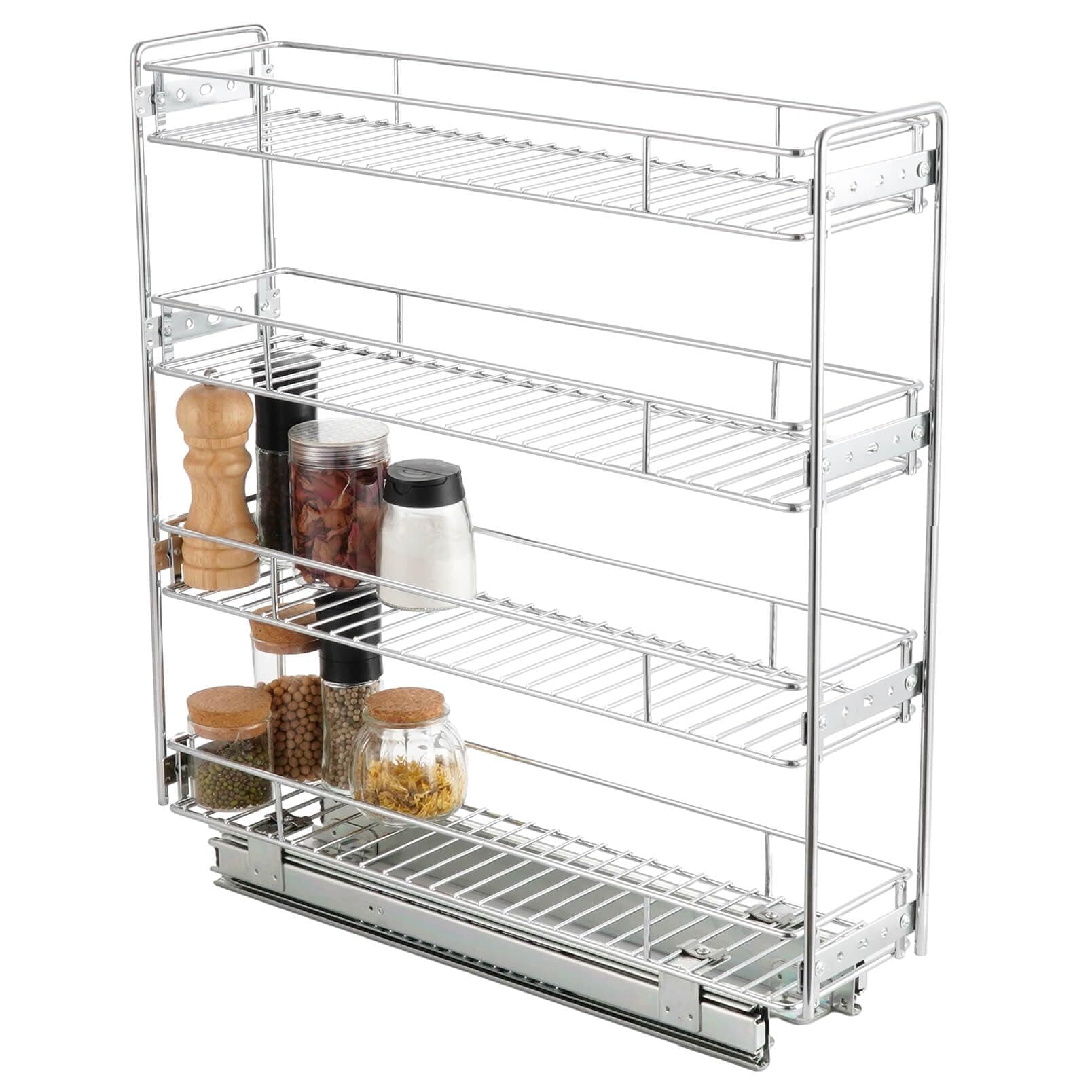 OCG 4-Tier Pull Out Kitchen Cabinet Spice Rack Holder Shelves (8" W x 21" D), Slide Out Slim Storage Wire Baskets for Storage Organization, Narrow Pull Out Storage for Narrow Space