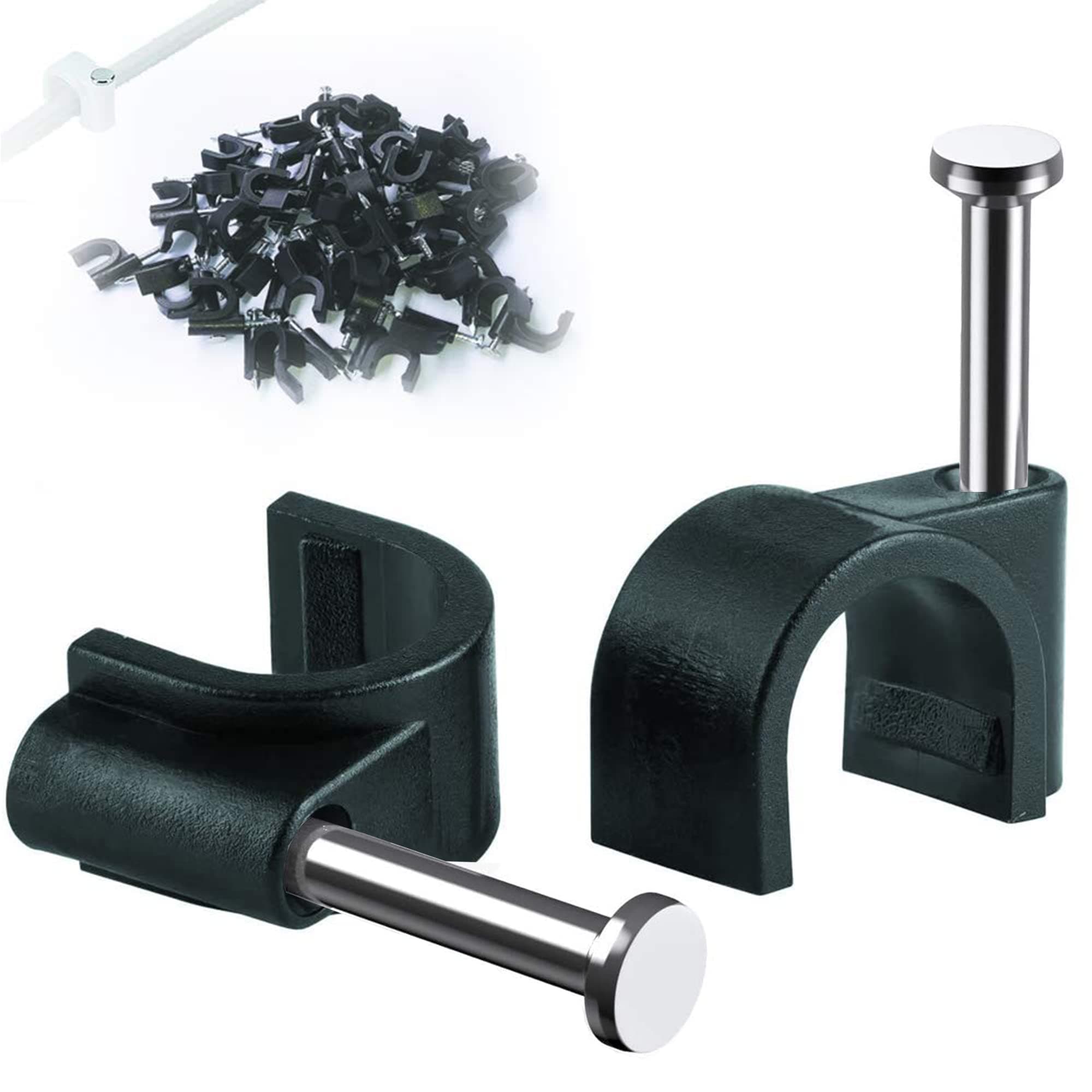 Round Cable Clips, 6mm Electrical Cable Wall Clip - Nail Clips Cable Management, 100Pcs Steel Nails Tacks Holder for Organizing Electric Wires Cables Line TV (Black)
