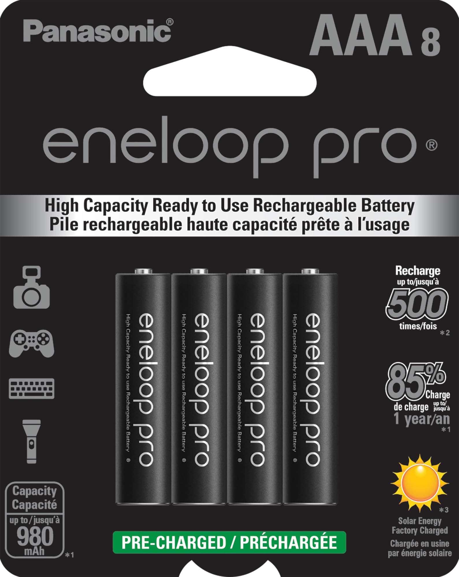 Panasonic BK-4HCCA8BA Eneloop Pro AAA Capacity 950mAh Typical Ni-MH Pre-Charged Rechargeable Batteries, Pack of 8