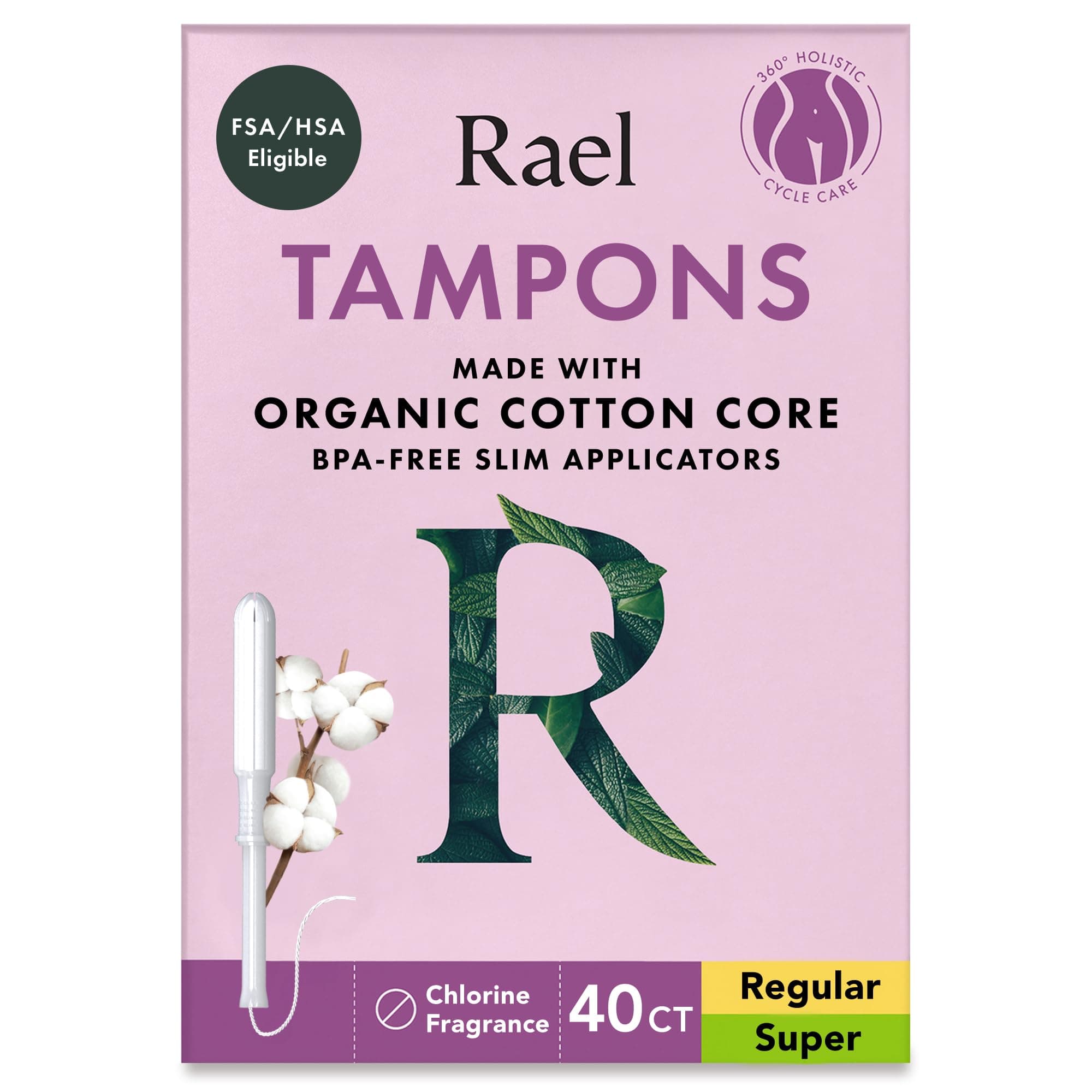 - Tampons, Slim Applicator with Organic Cotton Core, Multipack, Regular and Super Absorbency, BPA-Free, Leak Locker Technology, Unscented, Chlorine-Free (40 Count, Bundle)