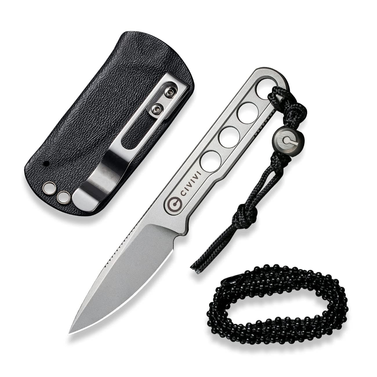 Circulus Fixed blade knife, 1.96" Cutting Edge Stonewashed 10Cr15CoMoV Steel with A Black Kydex Sheath, A Nylon Lanyard with Titanium Bead C22012-2