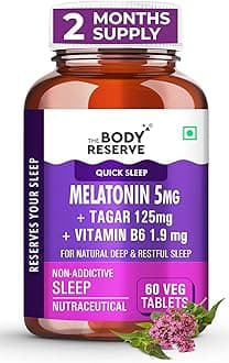Melatonin 5mg with Tagar 125mg for Natural Sleep Aid, Muscle Recovery, Nerve Relaxation, and Stress Relief Non-Habit Forming Sleep Aid for Men & Women (60 Veg Tablets)