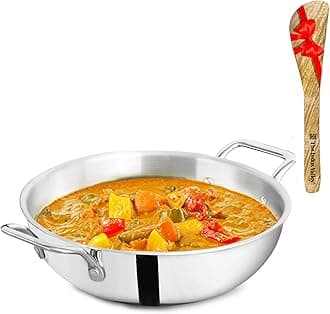The Indus Valley Triply Stainless Steel Kadai/Kadhai with Free Wooden Spatula | Large, 26cm/10.2 inch, 4Ltr, 1.3kg | Induction Friendly | Nonstick 3-Layer Body,100% Toxin-Free,No Chemical Coating
