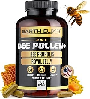 Earth Elixir3-in-1 Bee Pollen Organic 840mg (180 Caps) W/ 840mg Bee Propolis Capsule & 840mg Royal Jelly Capsule - 3rd Party Tested - Bee Pollen Supplement - Organic Bee Pollen Capsule -No Fillers