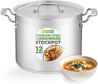NutriChef 12-Quart Stainless Steel Stockpot with Stainless Steel Lid - 18/8 Food Grade Heavy Duty Large Stock Pot for Stew & Soup, Works w/Induction
