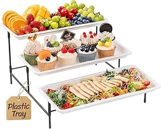 Lifewit 3-Tier Plastic Serving Tray for Parties, 36 x 17 cm Serving Plates for Food, Reusable Trays with Robust Folding Stand for Vegetables, Fruits, Biscuits, Dessert, Black