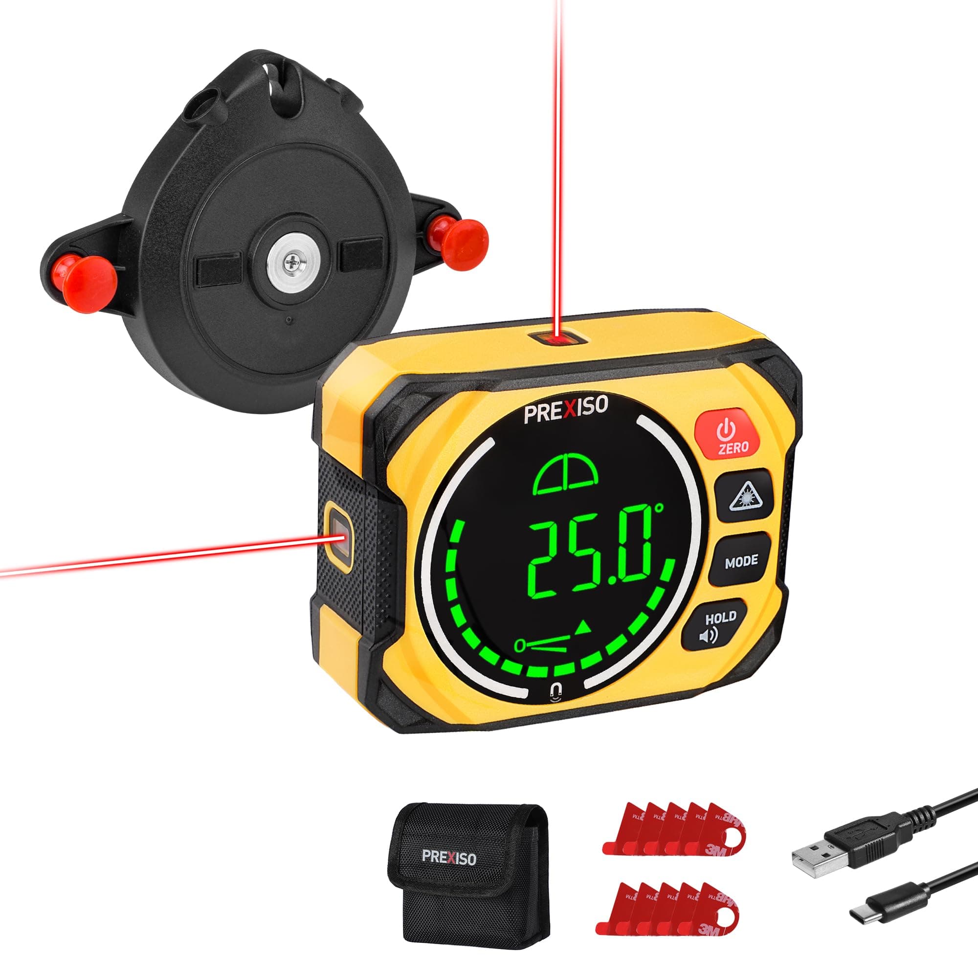 PREXISO 3-in-1 Multi Surface Laser Level with Digital Angle Gauge Magnetic, Rechargeable Digital Level with Wall Mount Base, 0-90° & 0-180°, Angle Finder Cross Line for Woodwork, Saw, Hanging Frames