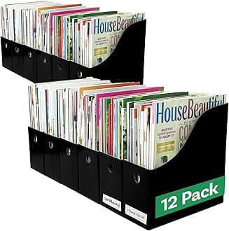 Evelots Set of 12 Magazine File Holders Desk Organizer, File Storage with Labels, Black