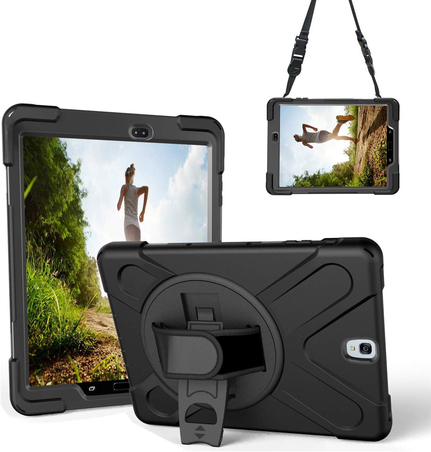 for Samsung Galaxy Tab S3 9.7 Case, SM-T820/T825 Heavy Duty Rugged 360 Rotatable Stand,Hand Strap/Adjust Shoulder Strap Tough Case[Shockproof]Hybrid pc+Silicone Cover For Samsung Tab S3,Black