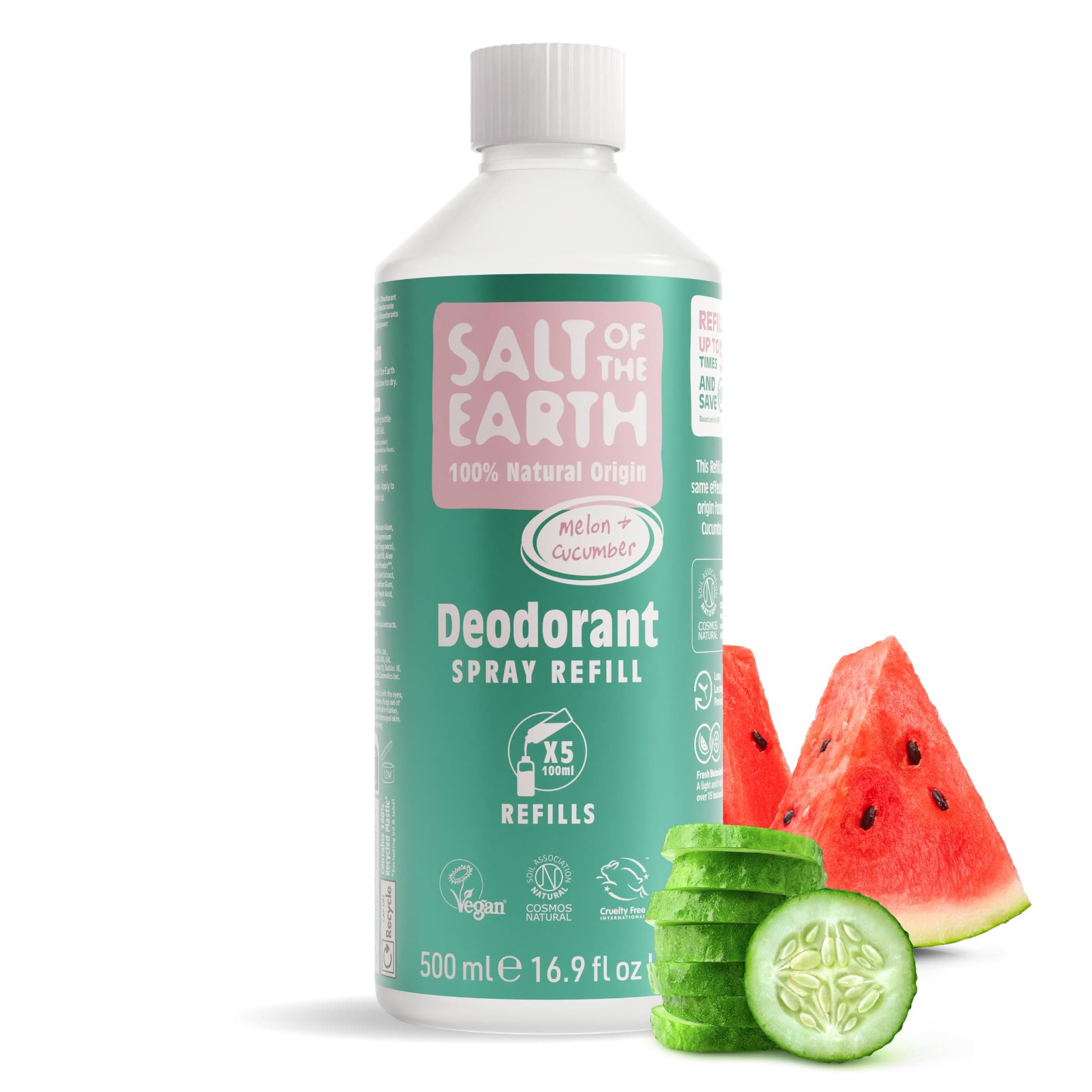 Salt of the Earth - Natural Deodorant Spray Refill - Melon & Cucumber - 100% Natural Origin Ingredients - Vegan - Suitable for Men, Women & Children - 500ml
