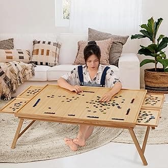 TEAKMAMA 2000 Pieces Wooden Jigsaw Puzzle Board with 4 Drawers Foldable Puzzle Table with Protective Cover Jigsaw Puzzle with Leg Jigsaw Puzzle Adult Multifunction Game Table 41.3"W x 27.5"D Natural