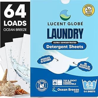 Lucent Globe Laundry Detergent Sheets, 64 Washes, Plant-Based, Biodegradable, Plastic Free Packaging 64 Count (Ocean Breeze)