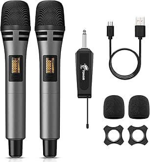 TONOR Wireless Microphone, UHF Metal Wireless Dynamic Handheld Microphone System with Rechargeable Receiver, 1/4" Output for Amplifier, PA System, Karaoke Machine, 60 Meters, Grey