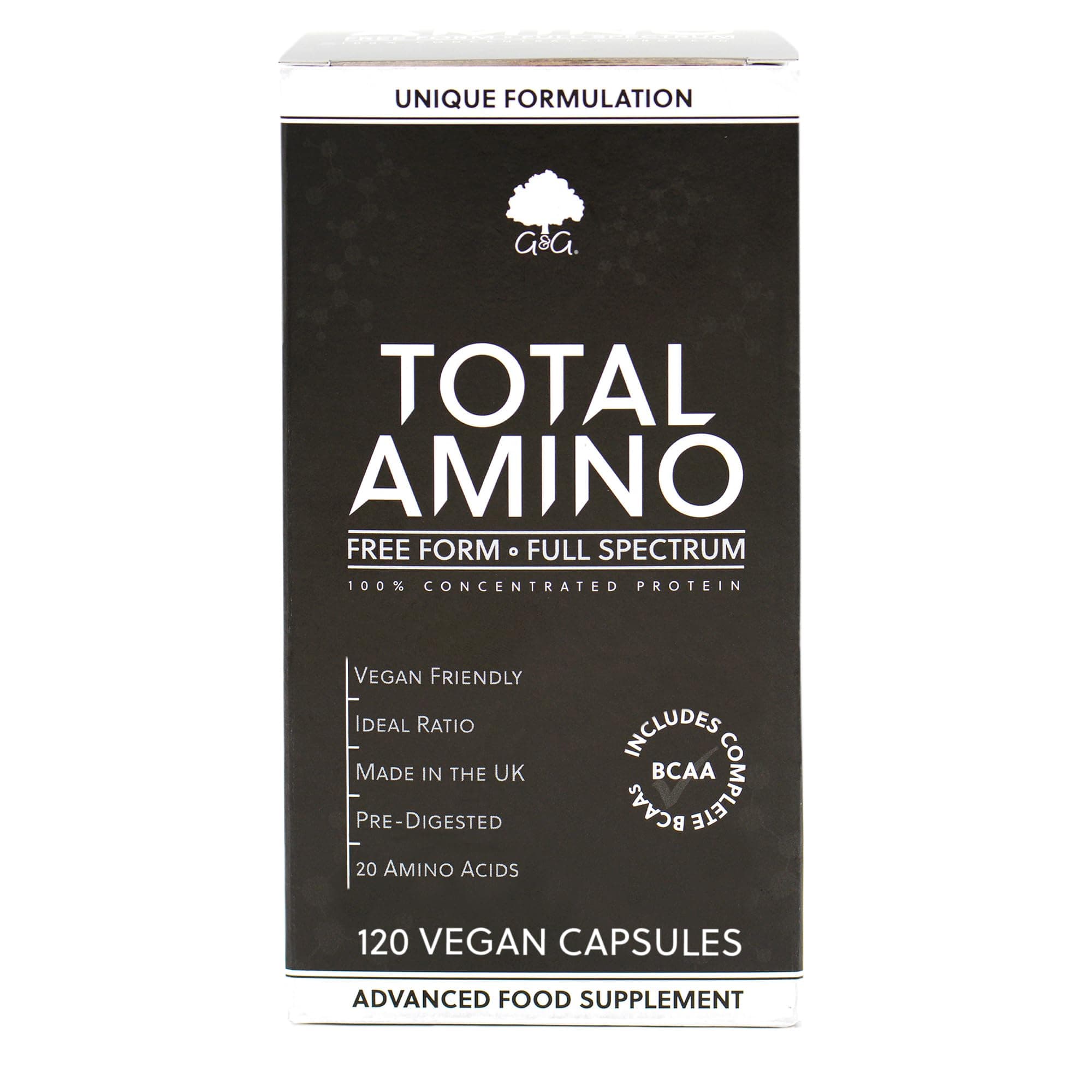 Total Amino - Full Spectrum - All 20 Amino Acids - EAA, BCAA - Free Form - 120 Vegan Capsules - Made in the UK by G&G Vitamins