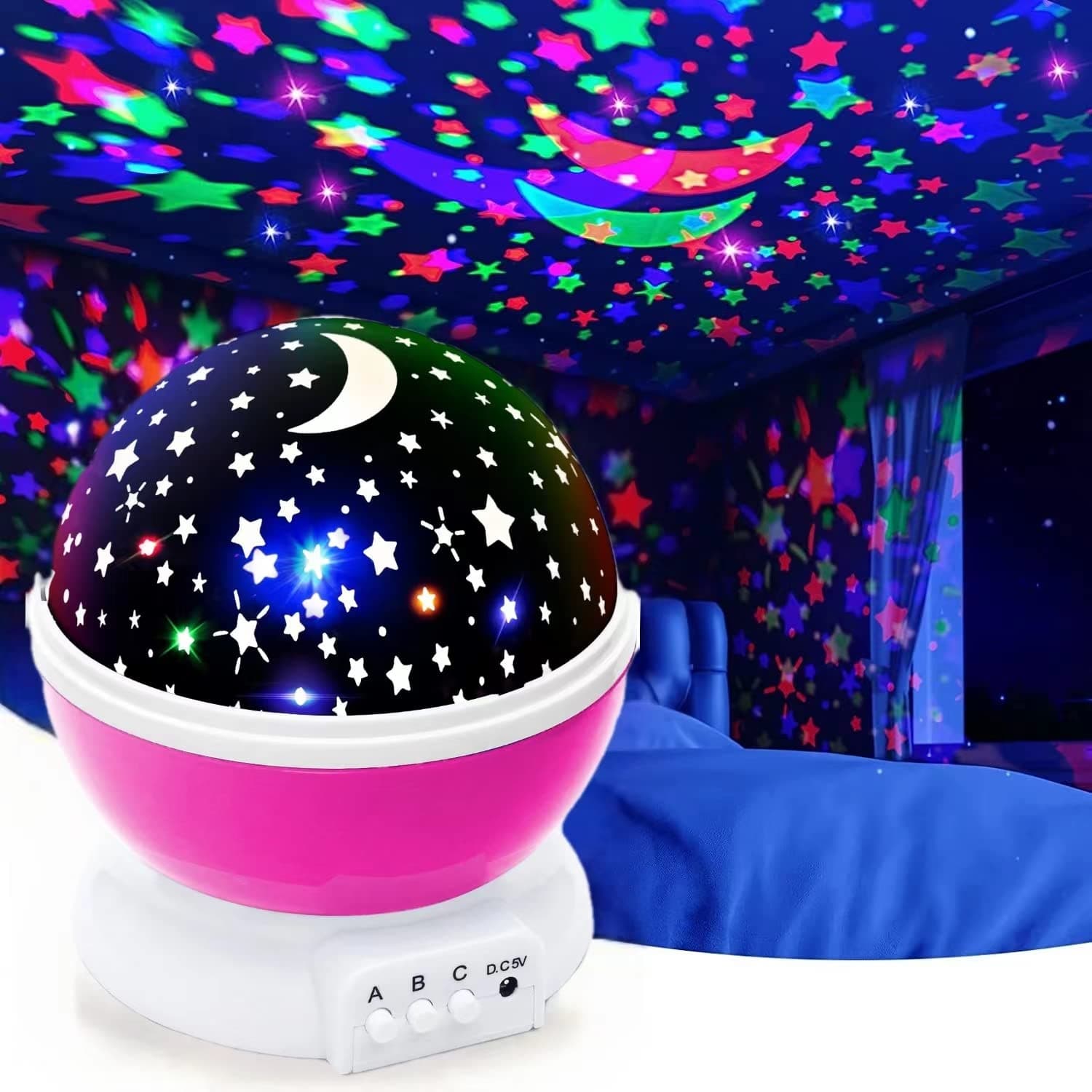 Night Light Lamp, Star Projector Romantic, LED Night Light 360 Degree Rotation, 4 LED Bulbs 9 Light Color Changing with USB Cable, Best Gift for Men Women Teens Kids Children, Pink