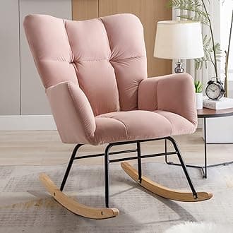 NIOIIKIT Nursery Rocking Chair Velvet Upholstered Glider Rocker Rocking Accent Chair Padded Seat with High Backrest Armchair Comfy Side Chair for Living Room Bedroom (Light Pink Velvet)