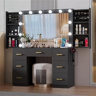 Black Makeup Vanity Desk with Lighted Mirror & Power Outlet,3 Color Modes, Brightness Adjustable,Vanity Table with Drawer,Sliding 2 Storage Wall-Mounted Jewelry,4 Shelves for Bedroom
