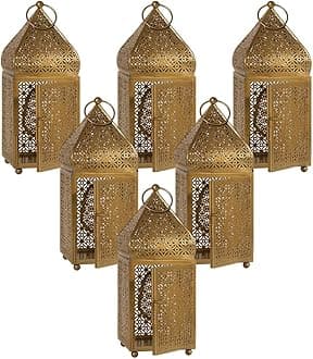 Moroccan Lightweight Thin Gold Ornate Candle Lantern, Antique Gold Lantern, Decorative Candle Holders, Indian Wedding, Eid, Ramadan, 4.5" Diameter & 12" Tall, Pack of 6