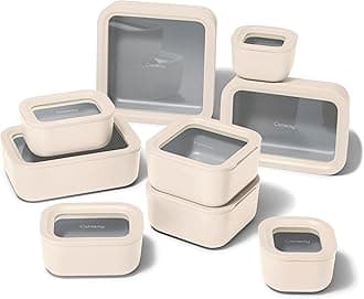 Caraway 22pc Glass Food Storage Set - Storage Containers for Food - Non-Toxic Ceramic-Coated Glass - Air Release Technology - Compact & Stackable Design - Cream