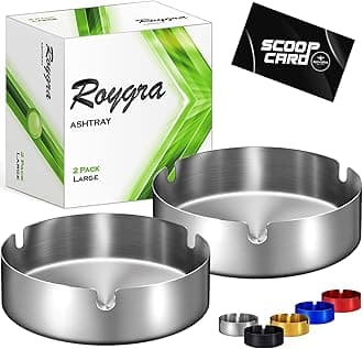 roygra Ash Tray (2 Pack), Outdoor Ashtray for Outside Patio, Stainless Steel Ashtrays for Cigarettes with 3 Holder, Smoking Accessories, Home Décor, Ashtrays for Smokers Indoor - Silver, Large