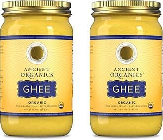 Ancient Organics Ghee - Gluten-Free Grass-Fed Clarified Kosher Vegetarian Ghee Butter with Vitamins & Omegas, Non-GMO, Lactose Free, 100% USDA Certified Organic, Made in USA - 32 Fl Oz 2-Pack