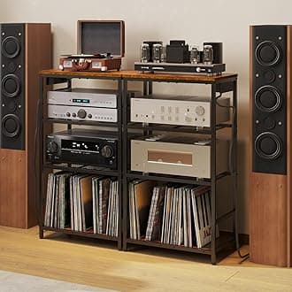 Record Player Stand with Storage, 4 Tier Turntable Stand with Vinyl Record Storage, Stereo Cabinet with Record Holder, Media Stand with Outlets for Entertainment Center