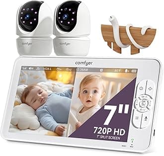 7" HD Split-Screen Baby Monitor with 2 1080P Cameras, 48 Hrs 6000mAh Battery Runs 2 Days in VOX Mode, No WiFi Monitor with a Flexible Bracket, 2 Way Audio, Remote PTZ, Auto Night Vision