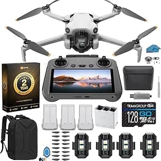 Mini 4 Pro Folding Drone with RC 2 Remote (With Screen) Fly More Combo, 4K HDR Video Camera for Adults, Under 249g, Omnidirectional Sensing, 3 Batteries Bundle with 128 gb SD Card Strobe Lights and More with 2 Year extended Warranty