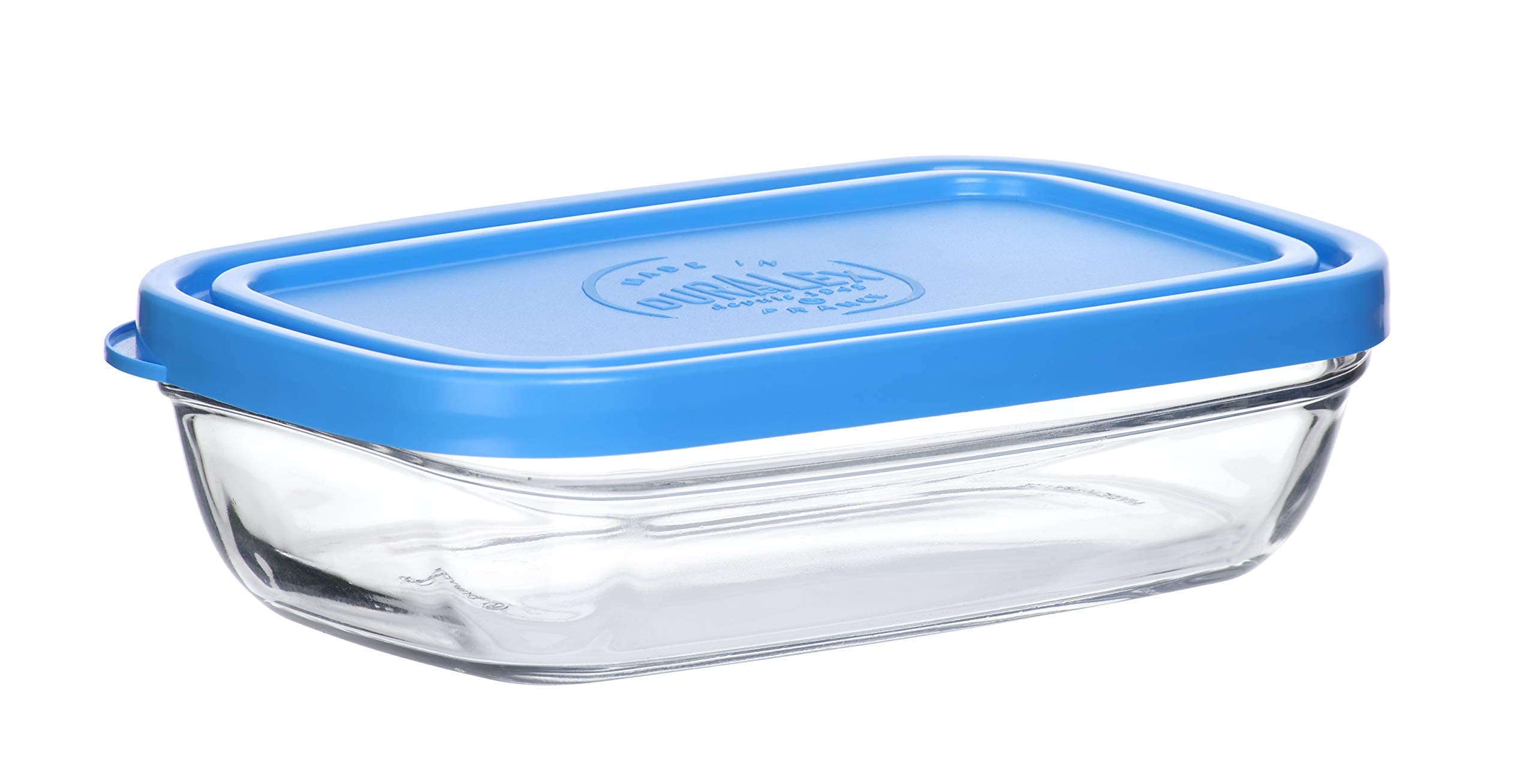 Freshbox Tempered Glass Solid Rectangular Bowls with Blue Lid (Transparent, 5 7/8" 370 ml, 9055AM)
