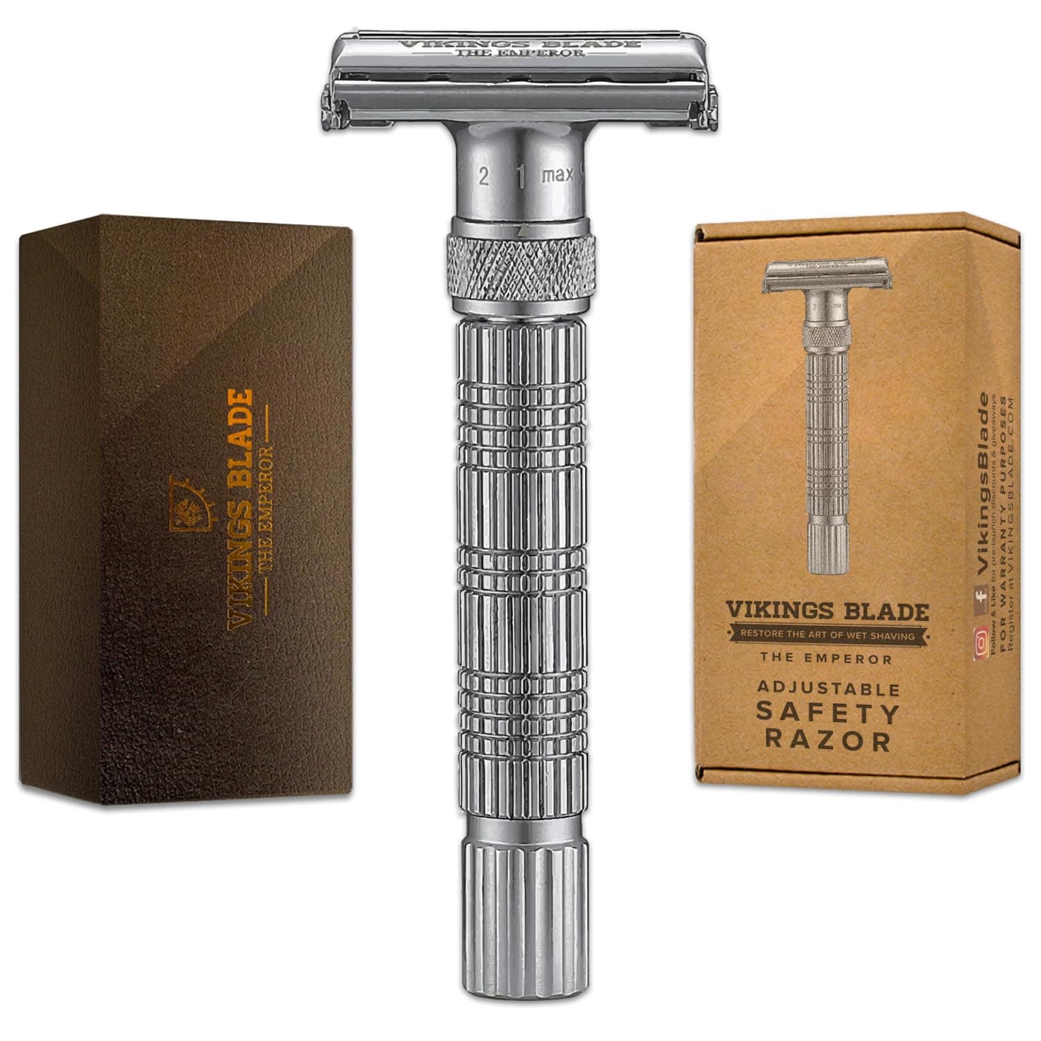 Adjustable Double Edge Safety Razor + Luxury Case. Smooth, Reusable, Eco-Friendly (The Emperor “Frosted Chrome”)