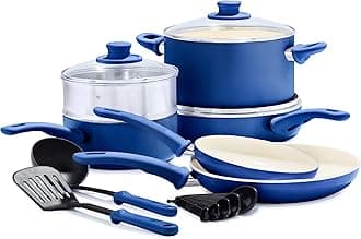 GreenLife Soft Grip Healthy Ceramic Nonstick 12 Piece Cookware Pots and Pans Set, PFAS-Free, Dishwasher Safe, Blue
