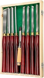 Mophorn Woodworking Lathe Chisel Set 8 Piece Set Lathe Chisel HSS Steel Blades Wood Turning Tools Wooden Case for Storage for Wood Carving Root Carving Furniture Carving Lathes Red