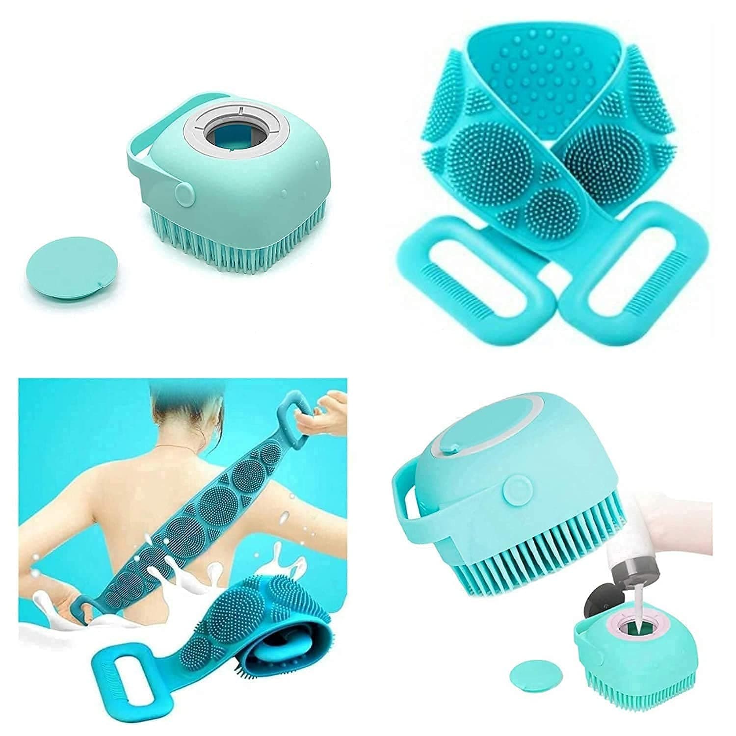 Twonzilla 2 Pcs Combo Silicone Body Back Scrubber, Double Side Bathing Brush For Skin Deep Cleaning Massage, Dead Skin Removal Exfoliating Belt For Shower, Easy To Clean,body Brush For Bathing / Silicone Body Scrubber And Bath Brush with Soap Dispenser | Bath Body Cleaning Belt | Skin Brush Belt For Skin | Bathing |For Kids Men And Women [ Multi Color ]