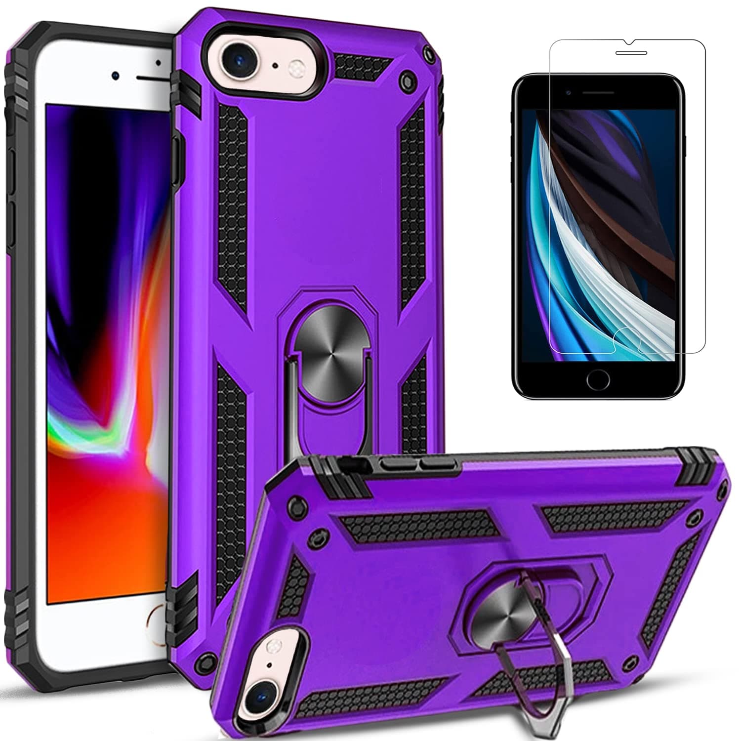 STARSHOP iPod Touch Case, iPod Touch 7th Generation Case, iPod Touch 6/5 Case, with [Tempered Glass Protector Included] - Military Grade Shockproof Cover with Rotating Ring Holder Kickstand- Purple