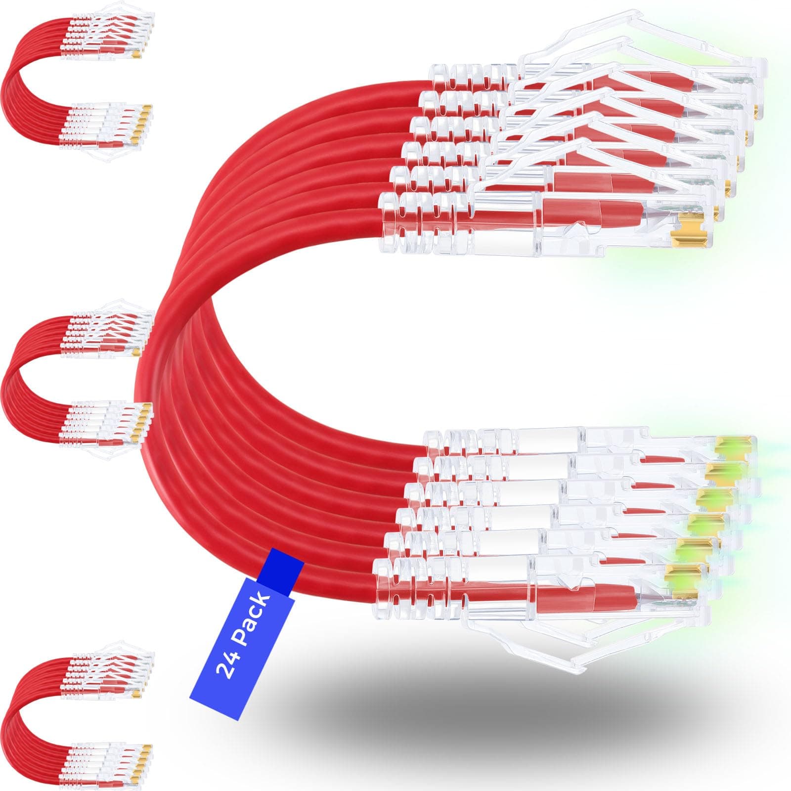 Rapink 24 Pack Cat6a Ethernet Patch Cables 0.5ft (Red, 24 Pack) - Cat6a Ethernet Cable 10G Support, Slim, Snagless, Compatible with Modem, Personal Computer, Router
