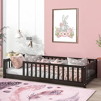 TatubTwin Floor Bed with Safety Guardrails and Slats, Montessori Bed Frame for Kids, Wood Montessori Floor Bed for Girls and Boys, Twin-Espresso Without Door