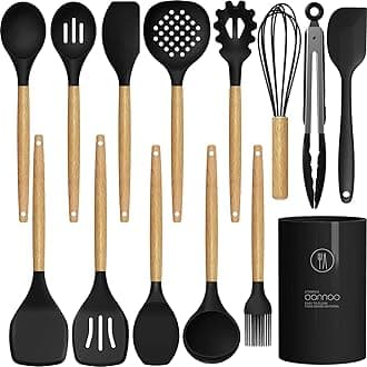 oannao Silicone Cooking Utensils Set - 446°F Heat Resistant Silicone Kitchen Utensils for Cooking,Kitchen Utensil Spatula Set w Wooden Handles, BPA FREE Gadgets for Non-Stick Cookware (Black)
