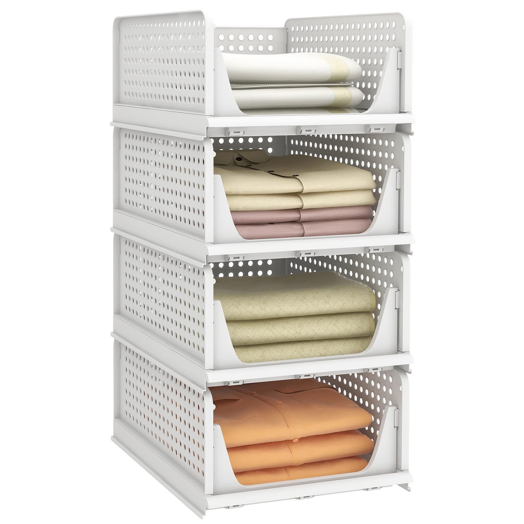 Stackable Plastic Storage Basket, Foldable Closet Organizers and Storage Bins 4 Pack Drawer Shelf Storage Container for Wardrobe Kitchen Bathroom Office Dorm