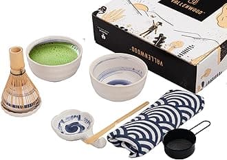 Unique Matcha Set: 9 pieces set, A Ceremonial Grade Kit For Matcha With 2 Thick Glazed Dark Blue Hand Painted bowls. Bamboo Whisk, Scoop, Strainer, Table Runner, chop stand, dish bottle. (Fuji Blue)