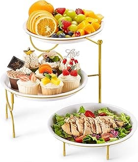 3 Tier Serving Tray, Round Plastic Server Platters, White Reusable Food Trays with Display Stand for Buffets, Cupcake, Snack, Veggie, Fruit, Cookies, Dessert, Dishes, Party Supplies
