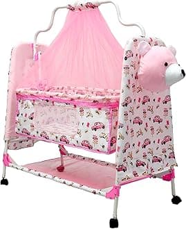 BABYBLESSING Baby Cradle with Swing and Mosquito Net | with Swing Lock | Foldable | Sturdy and Safe | Durable | with Mosquito Net & Pillow | Jhulla | Baby Swing | 0-15 Months | Pink