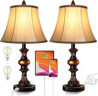 Touch Control Traditional Table Lamp Set of 2, Vintage Bedside Lamps with Dual USB Charging Ports, 3-Way Dimmable Bronze Finish Desk Lamps with Bell Shape Faux Silk Shade for Living Room, Bedroom