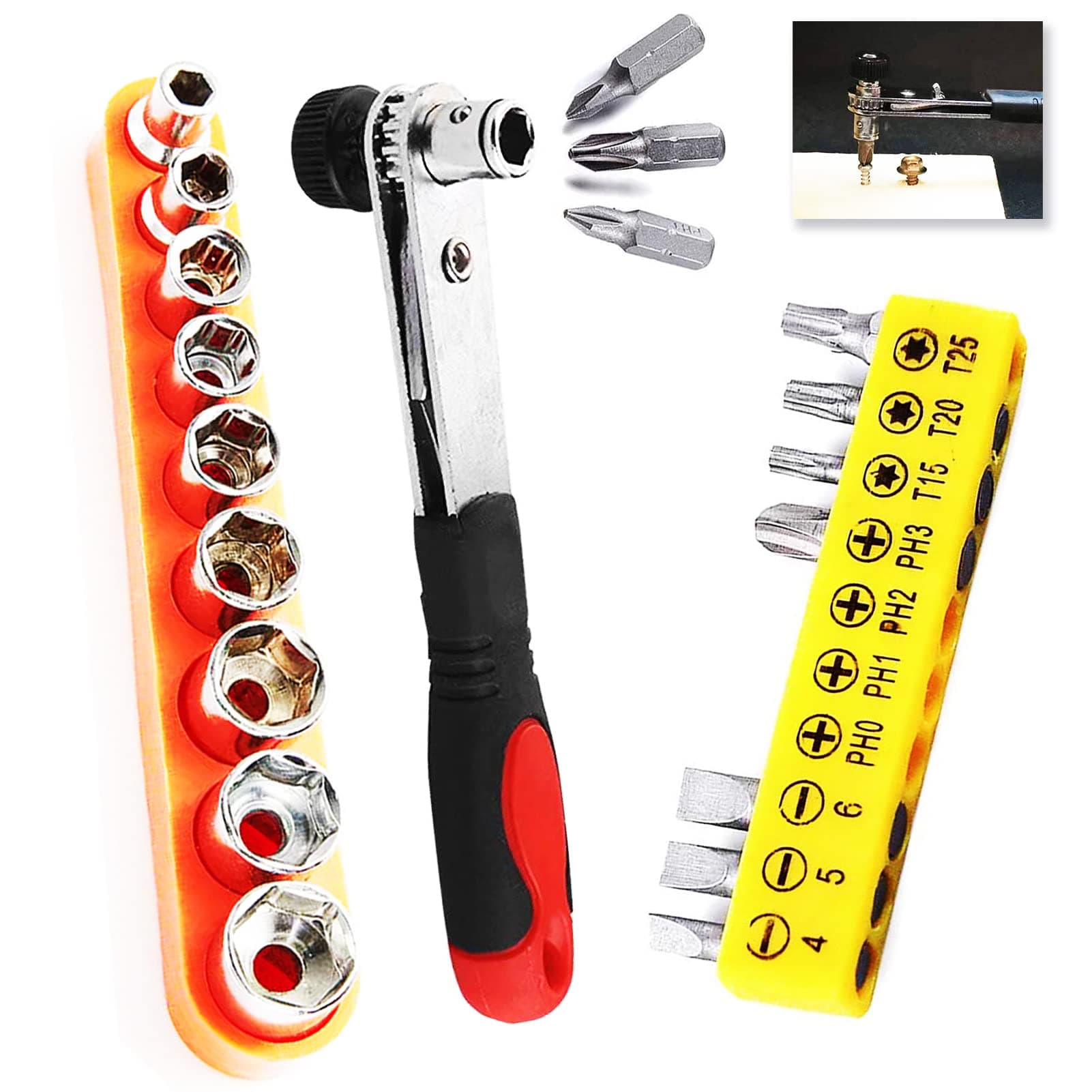 Socket Wrench Set 20 PCS- 1/4" HEX Drive Socket Set 9 PCS 5-13MM + Double Sided Socket Screwdriver Ratchet Wrench+ 10 PCS Mini Pocket Screwdriver Bit Set Tool Accessory for Home Use
