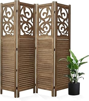 Svimi Room Divider Wood Carved Wall Divider Indoor Folding Portable Partition Screen for Home Office Garden Terrace - 4 Panel, 67 * 60inch (Dark Brown)