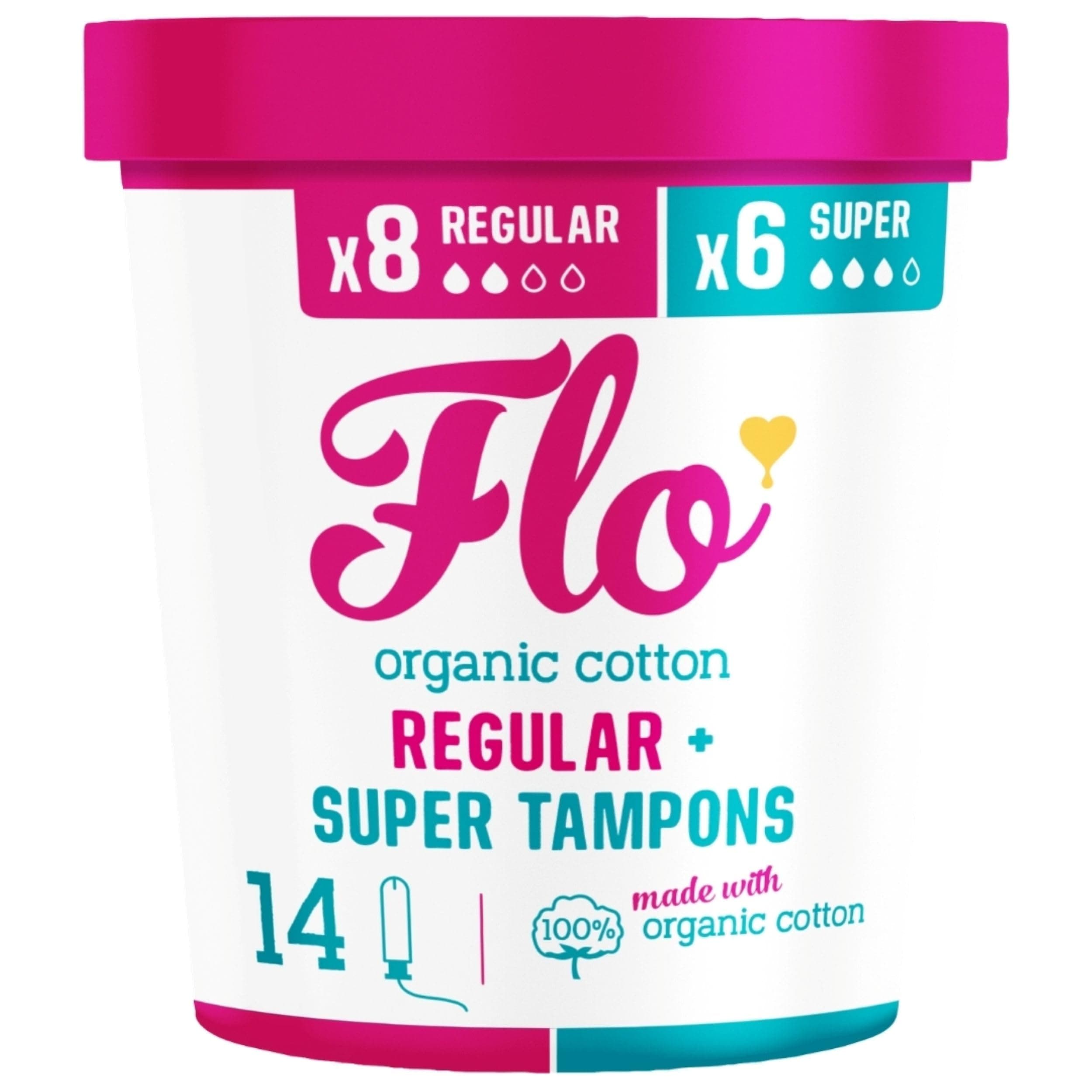 FLO Applicator Tampons, Made from Organic Cotton, Biodegradable, Regular and Super Combo Pack, 14 Count