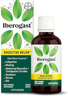 IberogastLiquid Drops, Herbal Relief of Stomach Upsets: Occasional Indigestion, Bloating, Gas, Nausea, Upset Stomach; Gluten Free; 6-Herb Blend with Iberis Amara, Peppermint, Licorice; 50mL