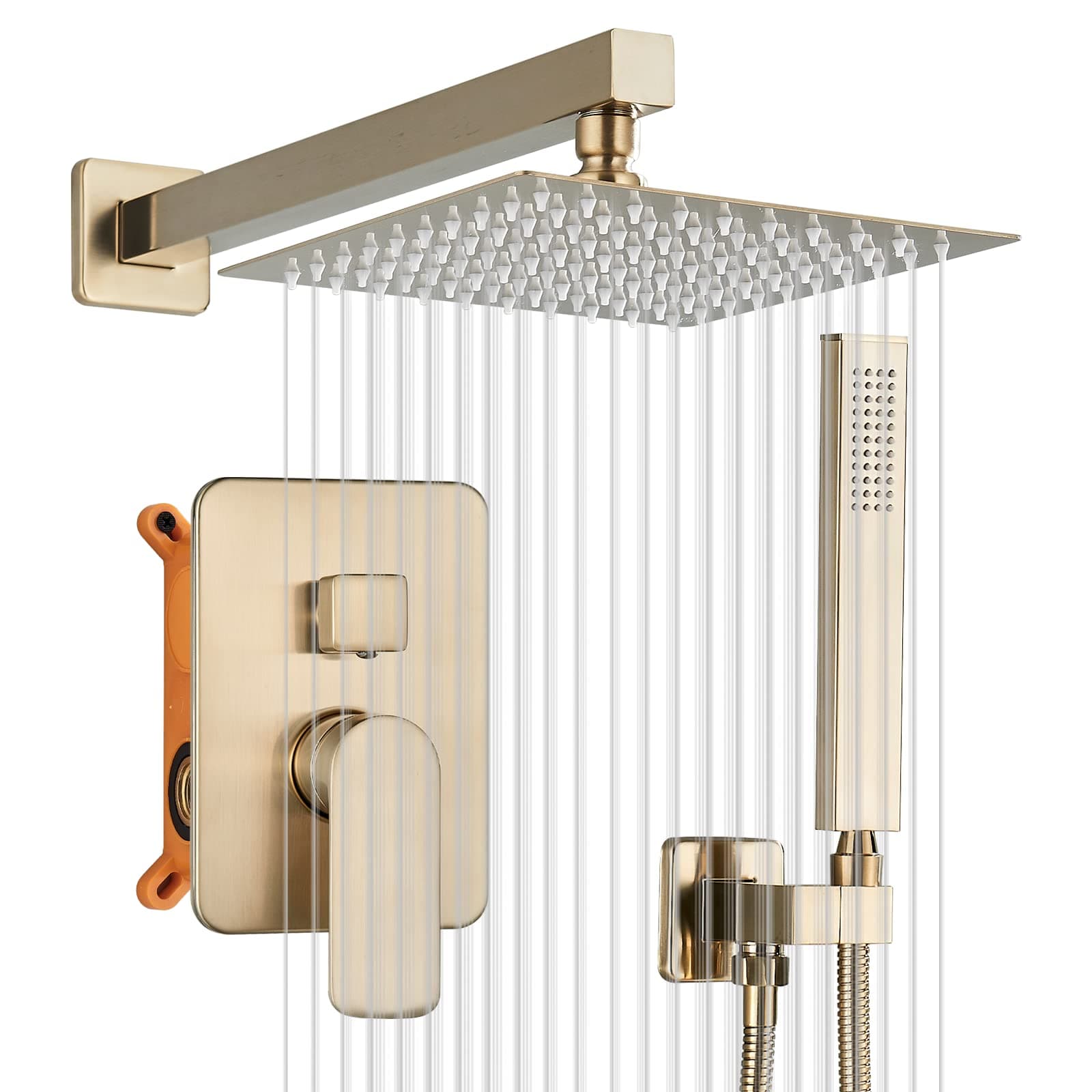 Flush-Mounted Shower System Set Brushed Gold 12 Inch Rain Shower and Hand Shower 30 x 30 cm Corner Shower Head 2 Functions Anti-scalding Brass