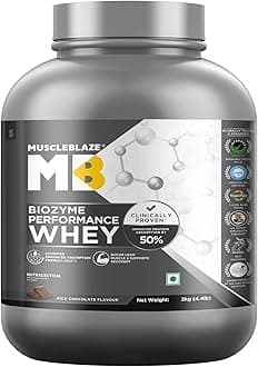 MuscleBlaze Biozyme Performance Whey Protein Powder, Rich Chocolate (2kg / 4.4lbs) | 25g Protein Per Scoop | Clinically Tested 50% Higher Protein Absorption